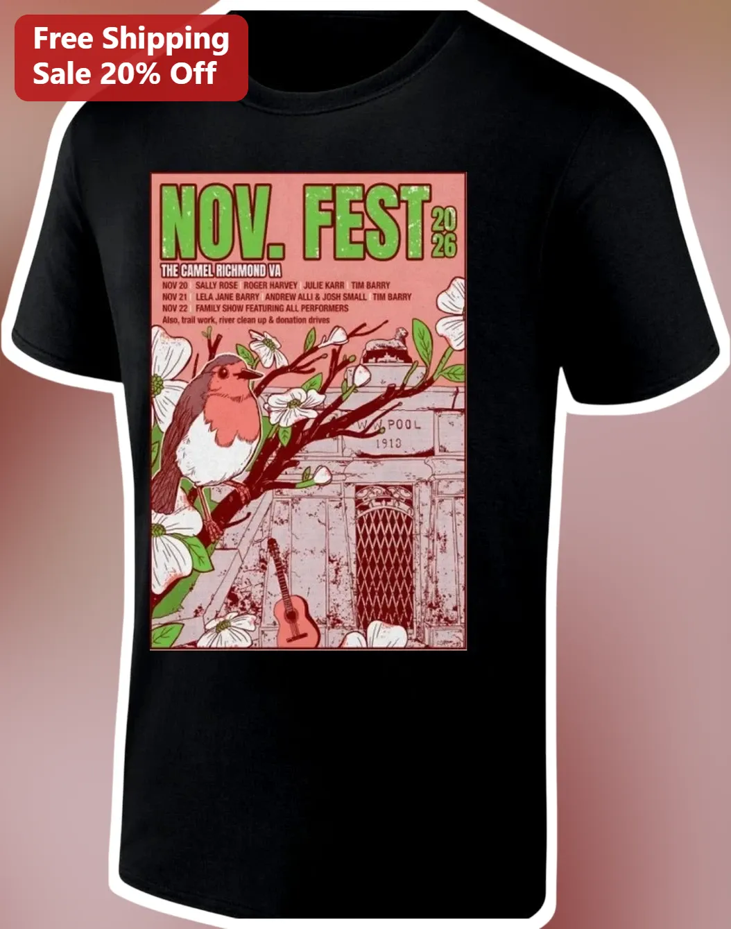 NOV. FEST 2026 Tee Vintage Folk Music Festival Shirt with Robin and Guitar Graphic