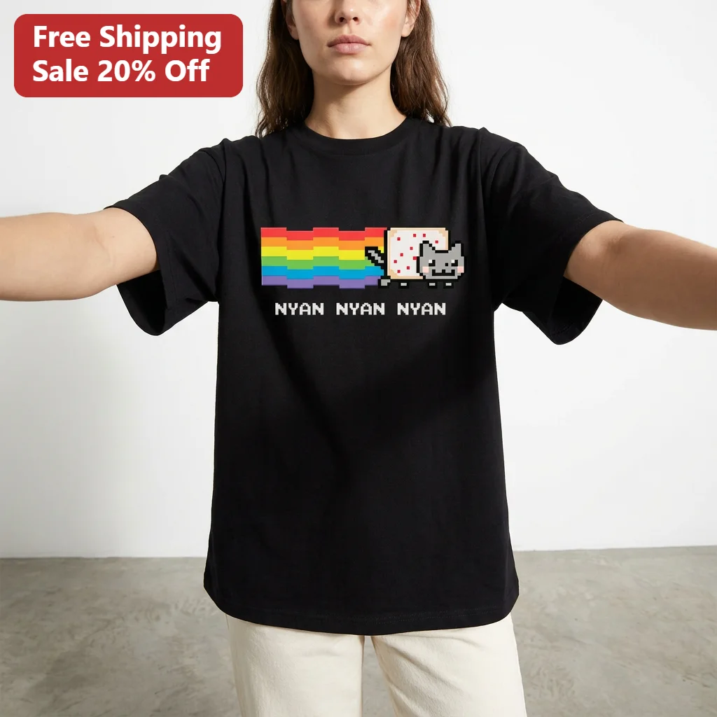 Nyan Nyan Nyan Tee Nyan Cat 8-Bit Pixel Art Rainbow Pop Tart Meme Shirt Gift for Gamers and Cat Lovers
