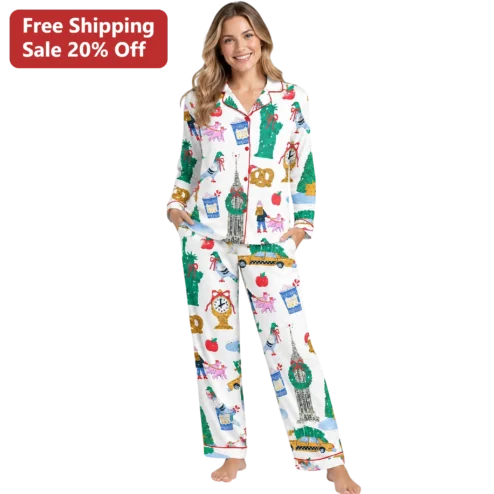 NYC Landmarks Pajama Set Women's Satin Sleepwear Statue of Liberty Empire State Building Gift