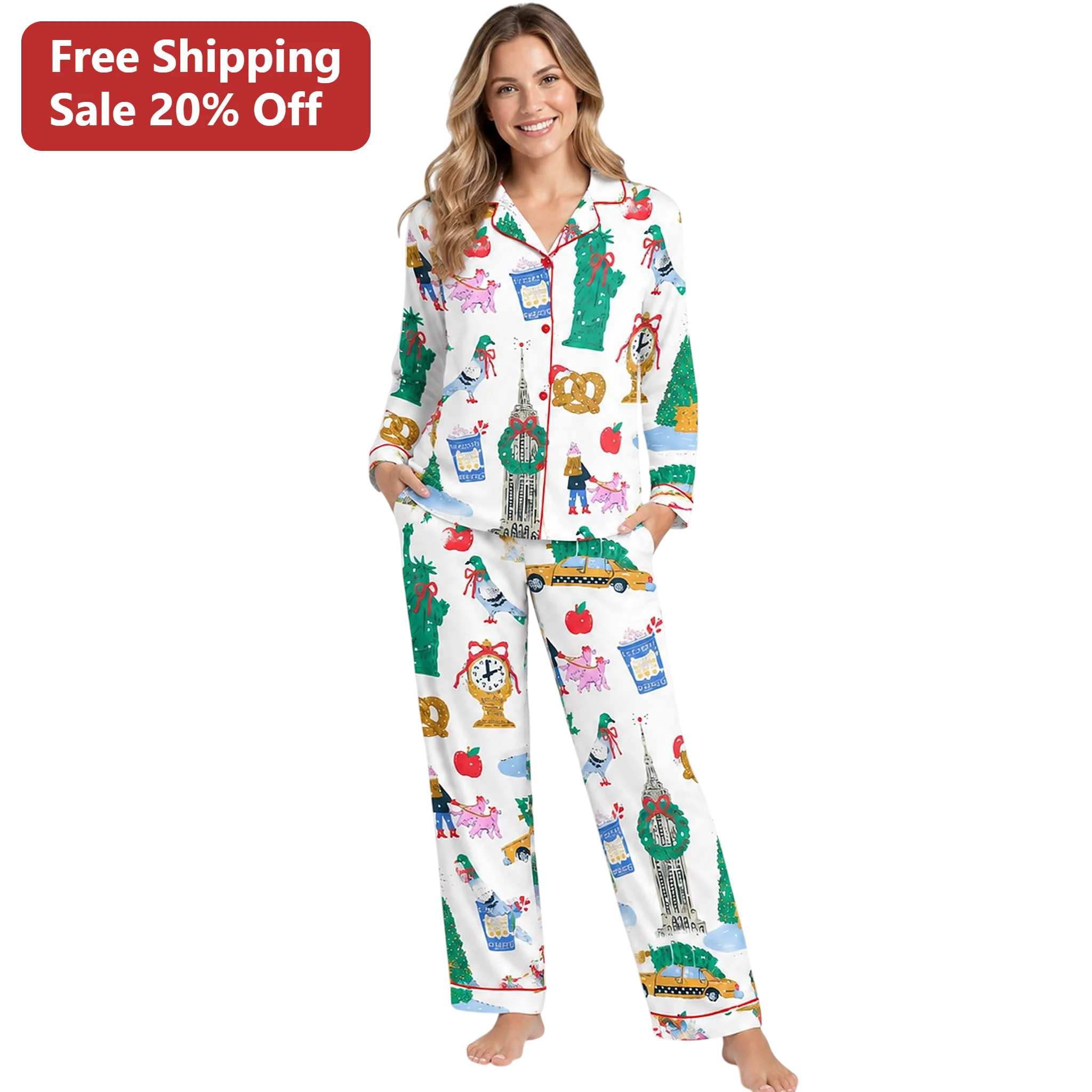 NYC Landmarks Pajama Set Women's Satin Sleepwear Statue of Liberty Empire State Building Gift