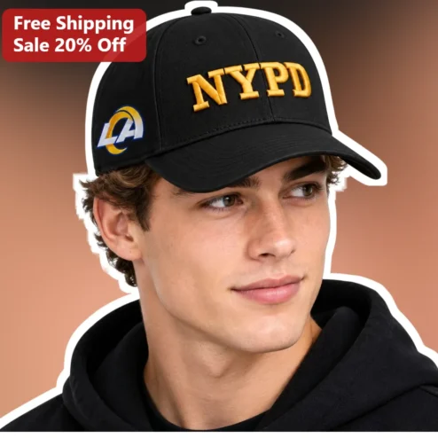 NYPD Cap Black Baseball Hat Gold Embroidered Lettering LA Rams Logo Streetwear Dad Hat for Men Women
