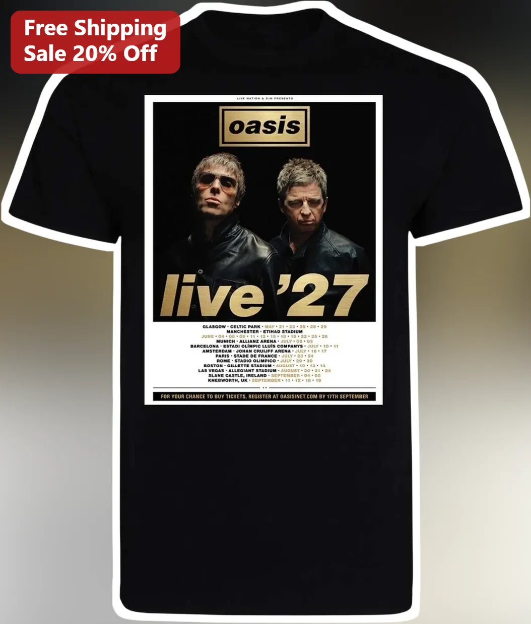 Oasis Live '27 Tee Britpop Band Merch Liam Noel Gallagher Graphic Shirt