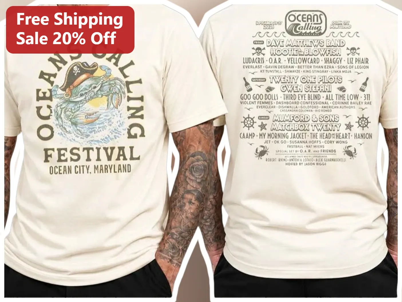 Oceans Calling Festival Vintage Style Graphic Tee Ocean City MD Music Merch