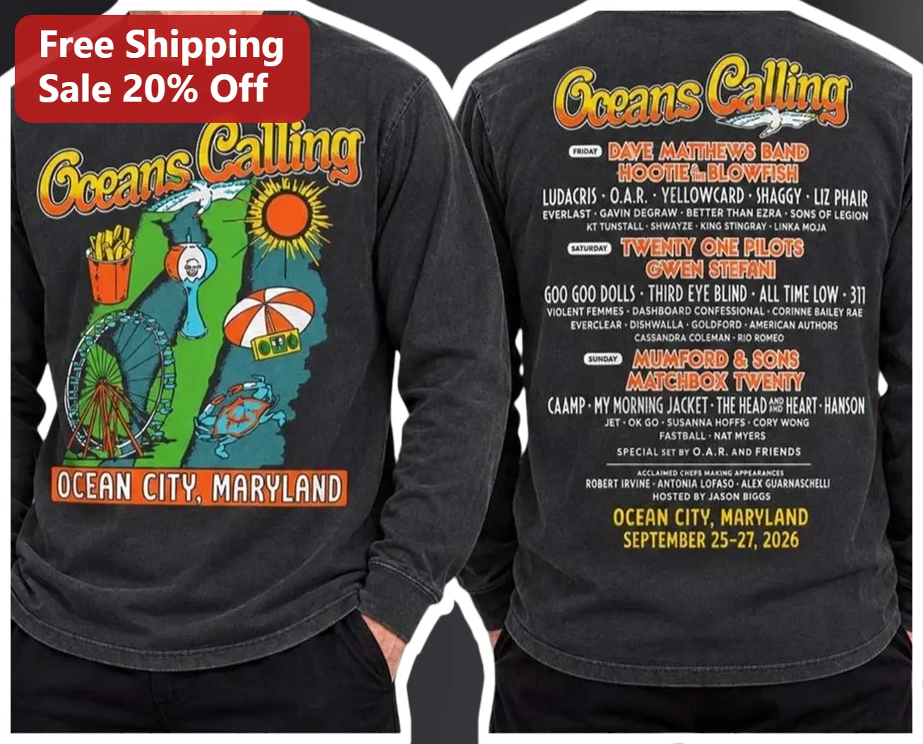 Oceans Calling Ocean City Maryland Long Sleeve Tee Music Festival Apparel