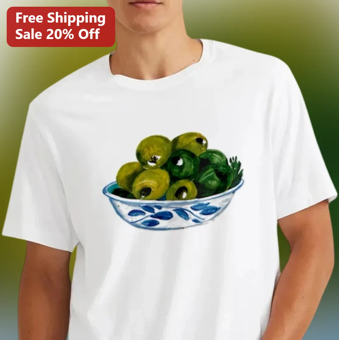Olive Bowl Graphic T-Shirt, Painterly Food Art Tee for Chefs and Olive Lovers, Unisex Culinary Gift