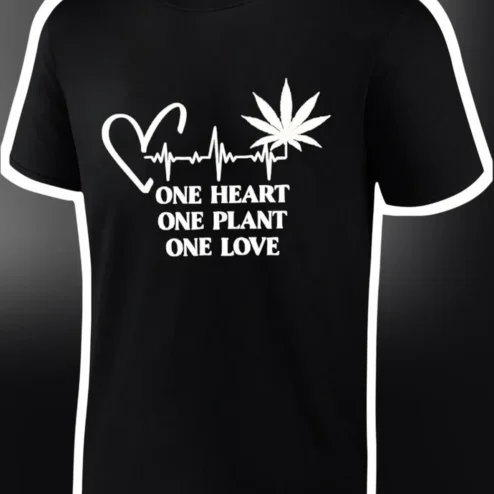 One Heart One Plant One Love Cannabis Leaf EKG Heartbeat Graphic Tee for Stoners