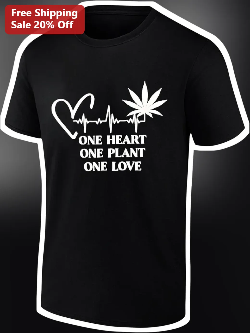 One Heart One Plant One Love Cannabis Leaf EKG Heartbeat Graphic Tee for Stoners