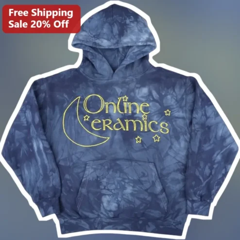 Online Ceramics Hoodie Blue Tie Dye Moon Logo Pullover