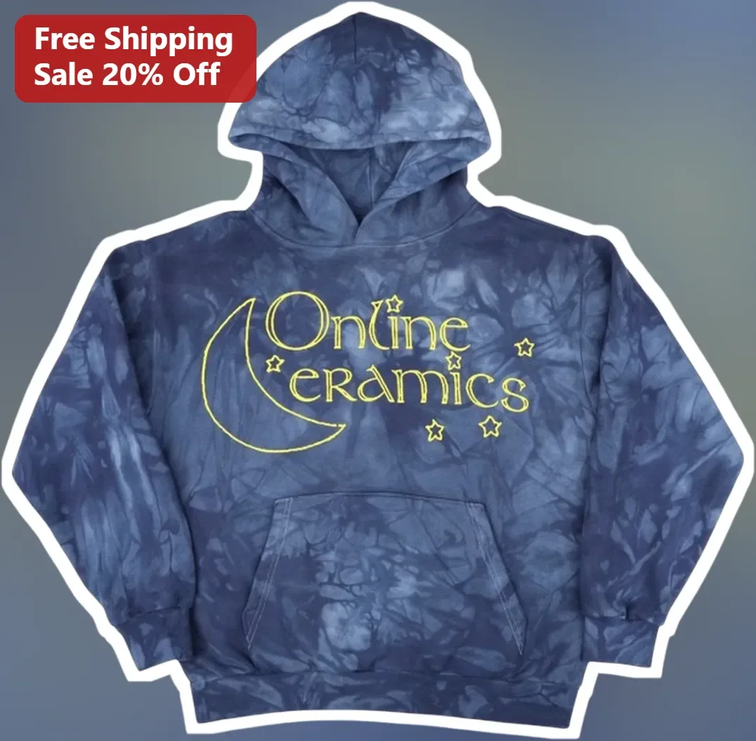 Online Ceramics Hoodie Blue Tie Dye Moon Logo Pullover