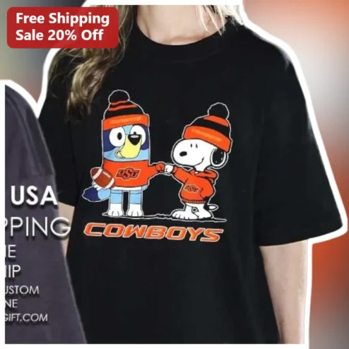 OSU Cowboys Snoopy Pistol Pete Handshake Graphic Tee Oklahoma State University Fan Gear