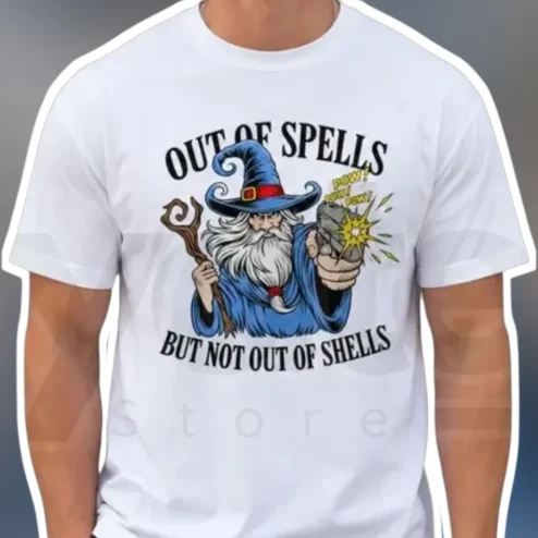 Out of Spells but Not Out of Shells Wizard Graphic Tee D&D Humor Gift for Gamers