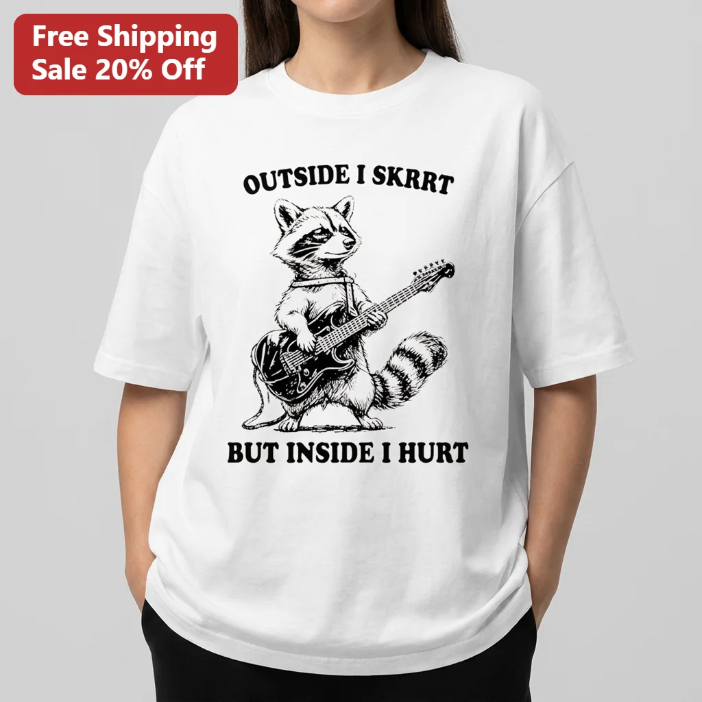 Outside I But Inside I Hurt Tee Funny Sarcastic Raccoon Playing Guitar Vintage Meme Graphic Shirt
