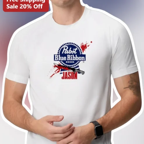 Pabst Blue Ribbon Jason Voorhees Horror Mashup Graphic Tee for Men