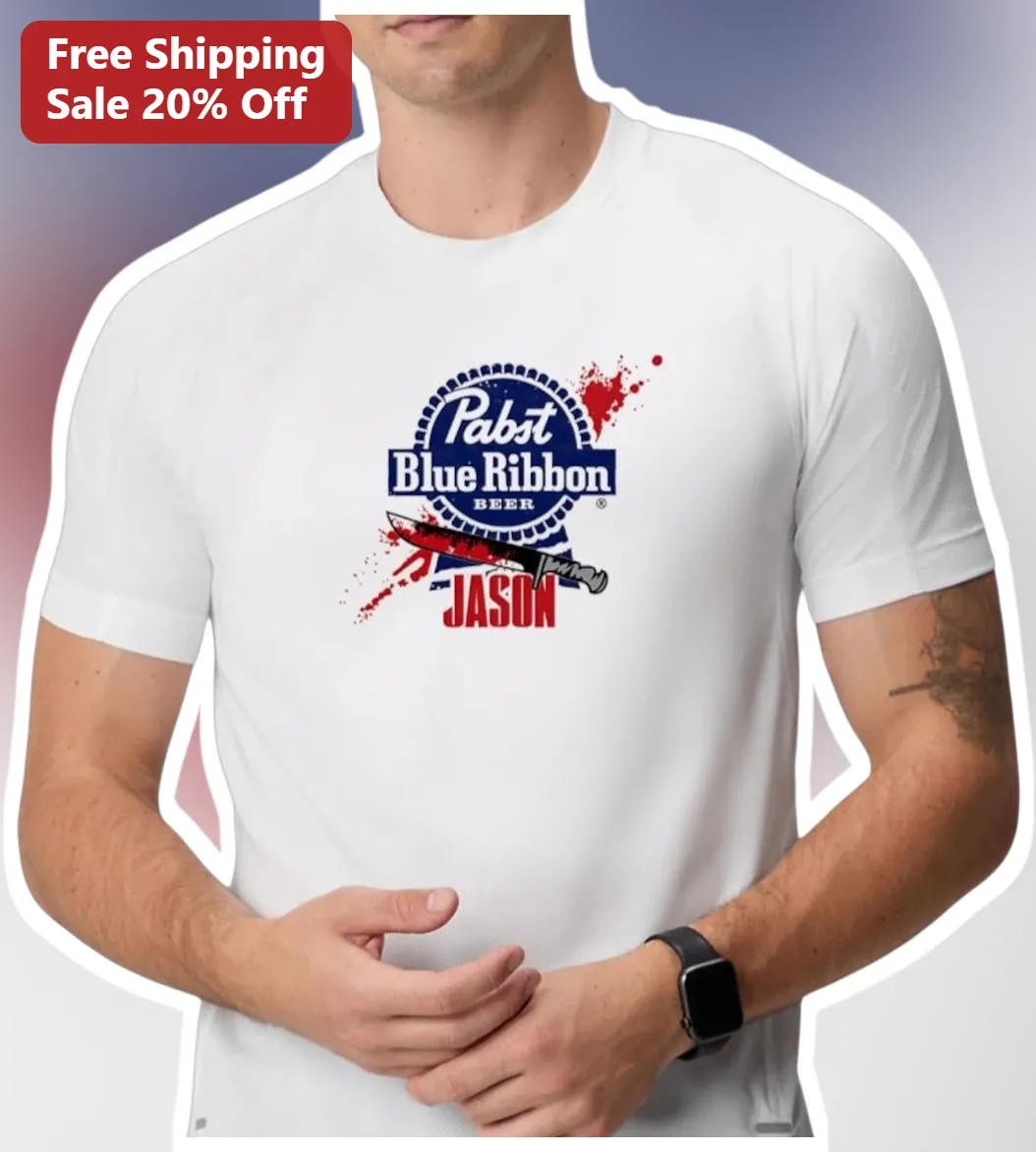 Pabst Blue Ribbon Jason Voorhees Horror Mashup Graphic Tee for Men