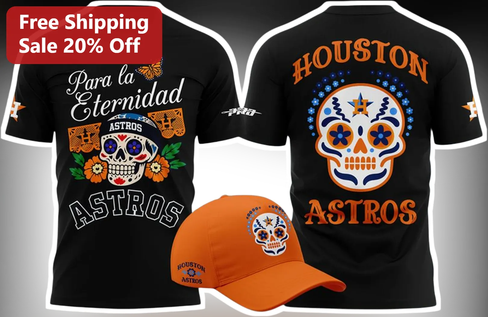 Para La Eternidad Houston Astros Tee Dia De Los Muertos Sugar Skull Baseball Fan Gift