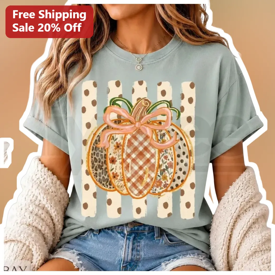 Patchwork Pumpkin Fall Graphic Tee Women Boho Leopard Plaid Floral Autumn Shirt Gift