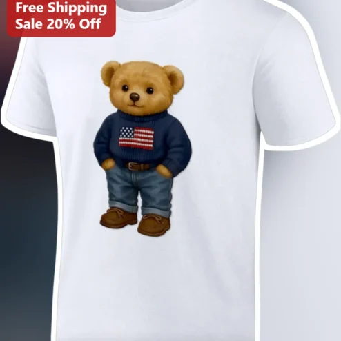 Patriotic Teddy Bear Tee American Flag Preppy Bear Graphic Shirt for Women Men