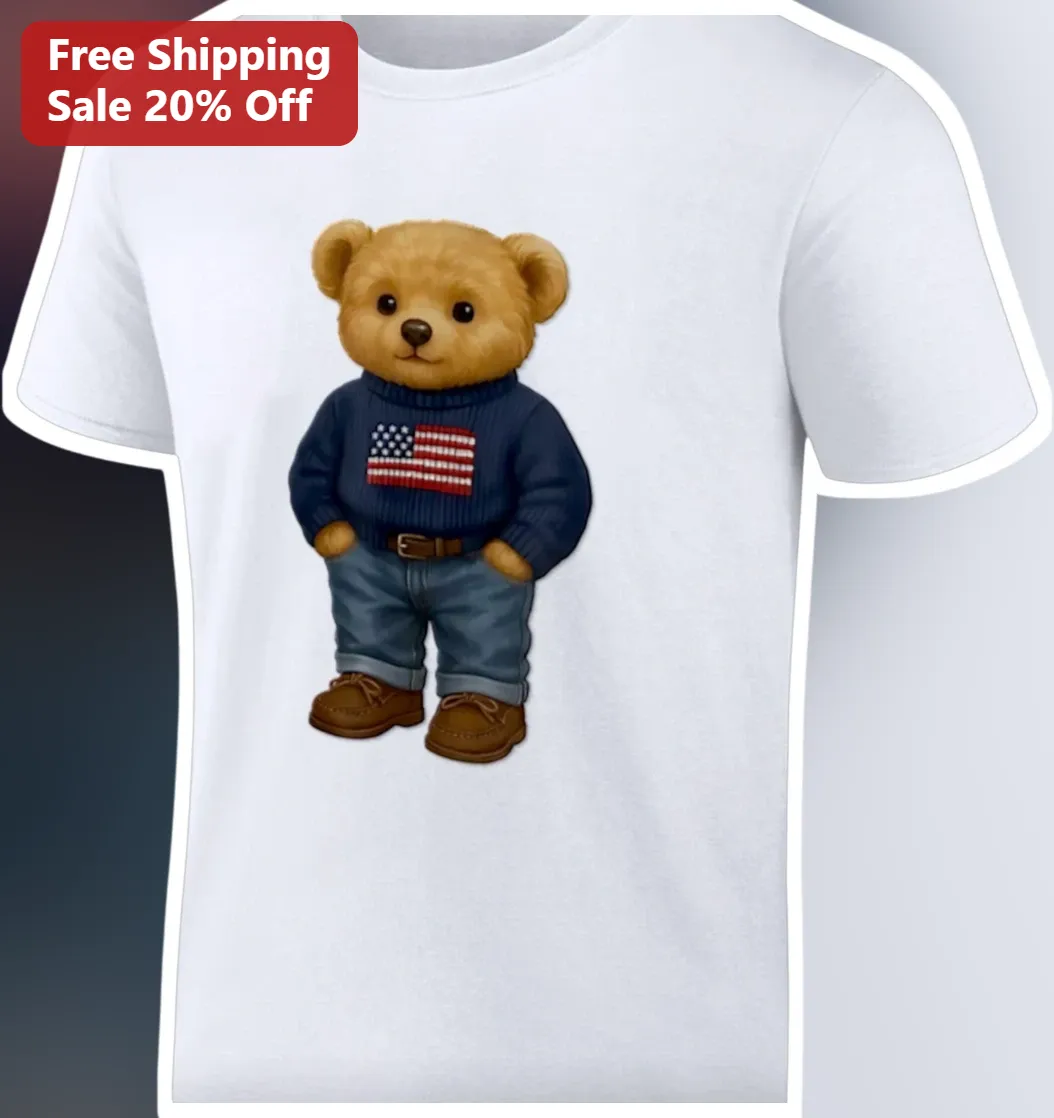 Patriotic Teddy Bear Tee American Flag Preppy Bear Graphic Shirt for Women Men