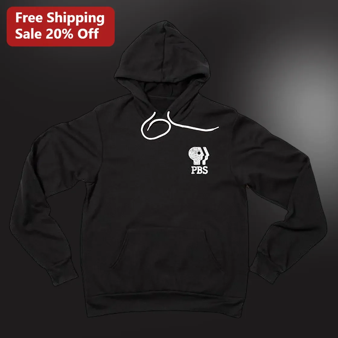 PBS Logo Black Pullover Hoodie with Kangaroo Pocket and Hood