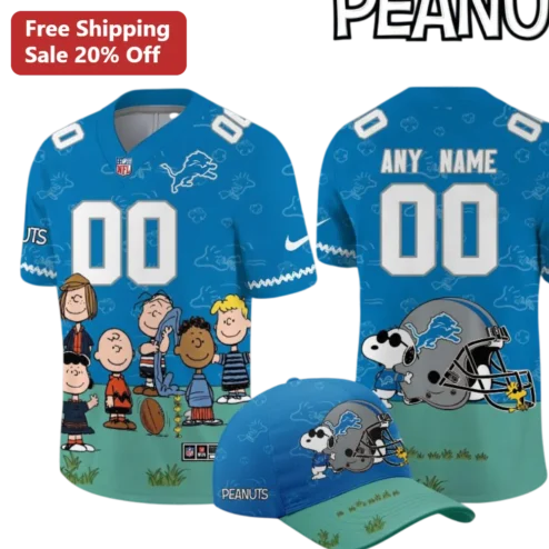 PEANUTS Jersey Detroit Lions NFL Football Style Snoopy Charlie Brown Custom Name Personalized Gift