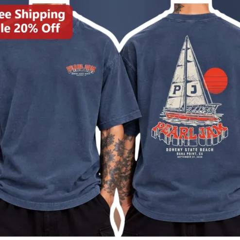 Pearl Jam Vintage Sailboat Graphic Tee 90s Rock Band Merch Distressed Navy T-Shirt