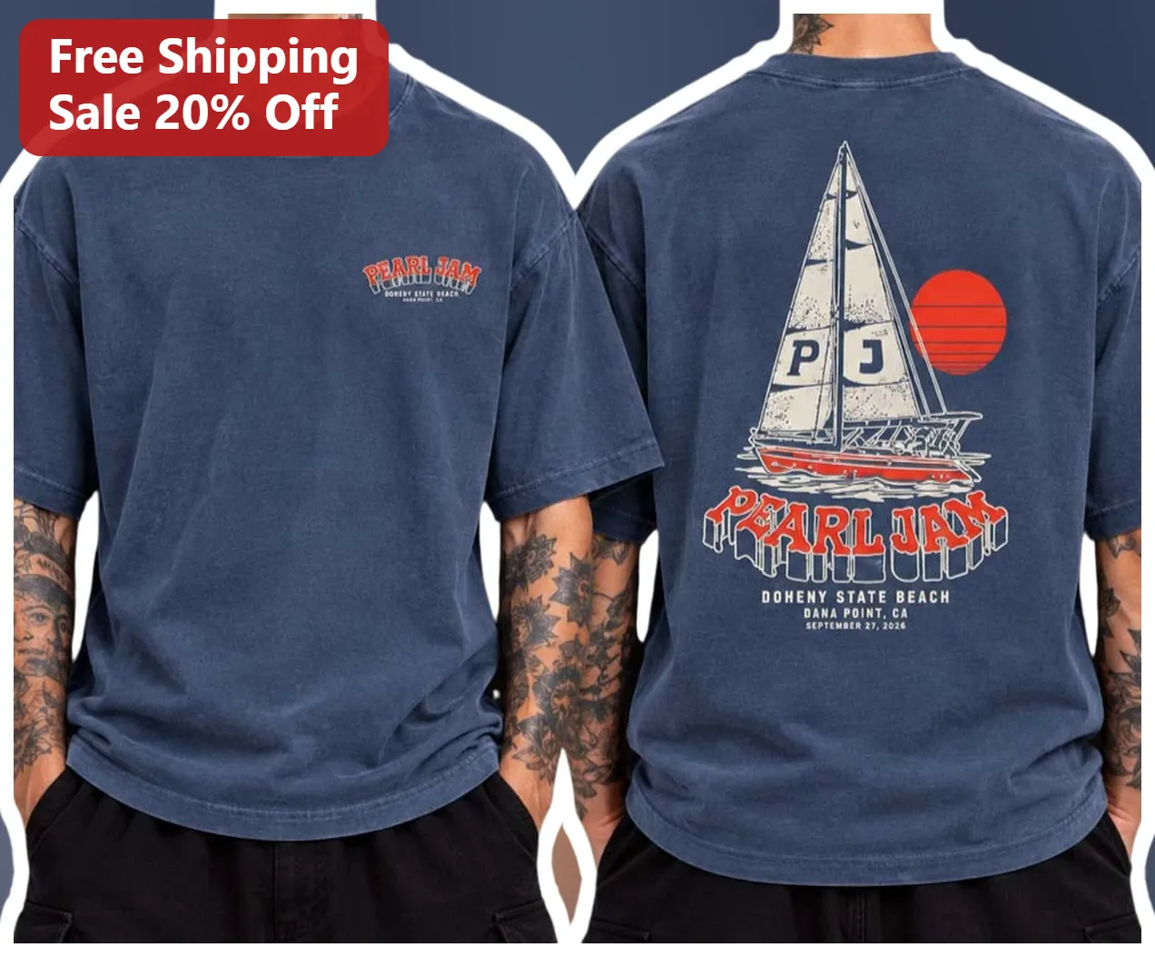 Pearl Jam Vintage Sailboat Graphic Tee 90s Rock Band Merch Distressed Navy T-Shirt