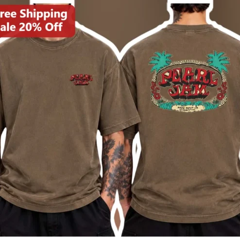Pearl Jam Vintage Tropical Palm Tree Graphic Tee Acid Wash Rock Band Shirt