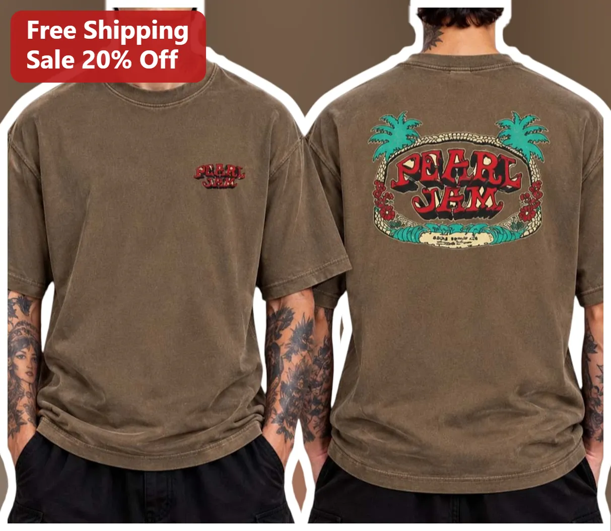 Pearl Jam Vintage Tropical Palm Tree Graphic Tee Acid Wash Rock Band Shirt