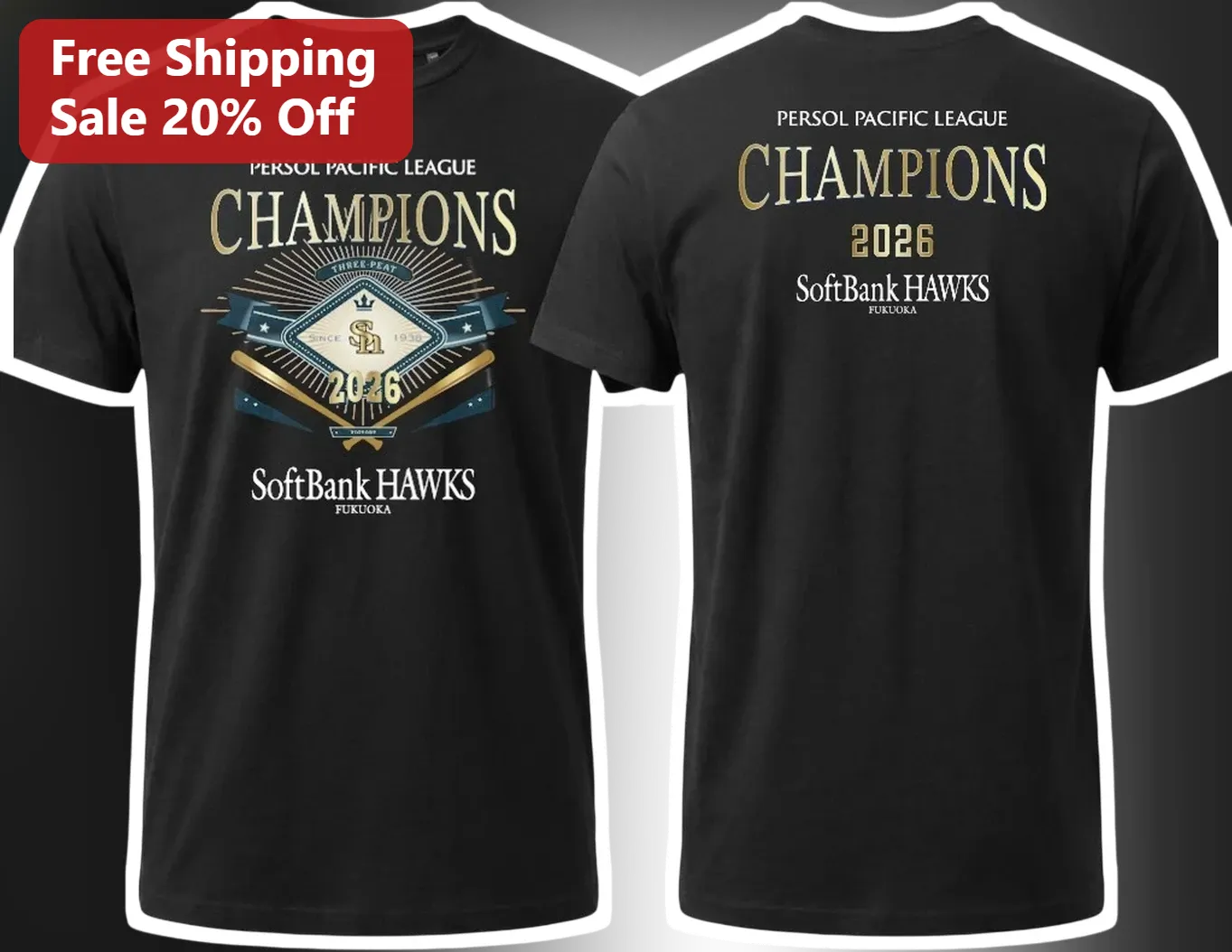 PERSOL PACIFIC LEAGUE CHAMPIONS SoftBank HAWKS FUKUOKA Tee NPB Baseball Fan Gift