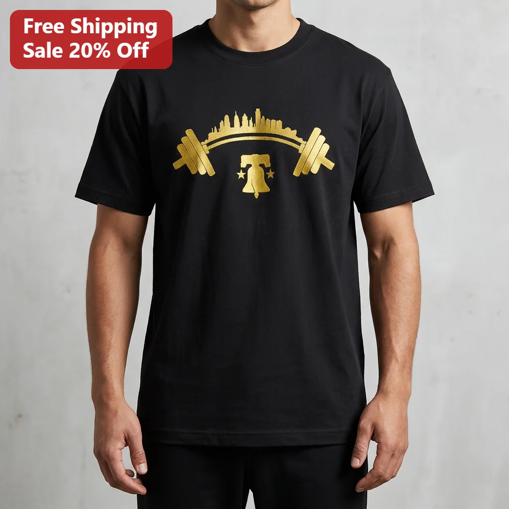 Philadelphia Fitness Apparel Tee Liberty Bell Skyline Barbell Gym Gift for Weightlifters
