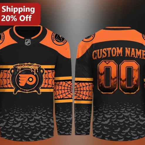 Philadelphia Flyers Jersey Halloween Spooky Witch Cauldron Bat Design Personalized Custom Name Black Orange Hockey Fan Gift