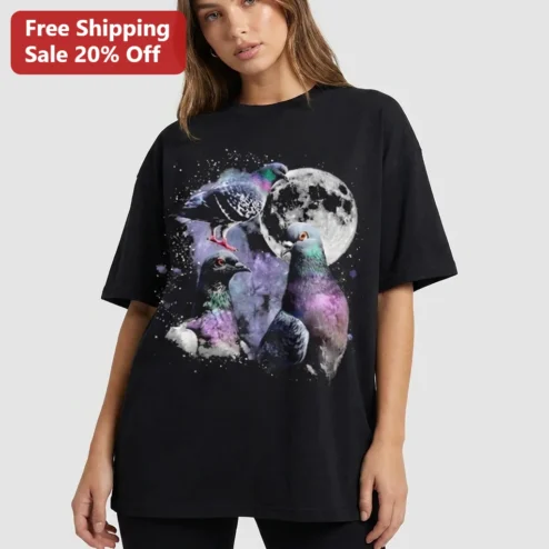 Pigeon Galaxy Moon Graphic Tee, Three Pigeons Full Moon Starry Night Sky Cosmic Bird Art Gift for Bird Lovers