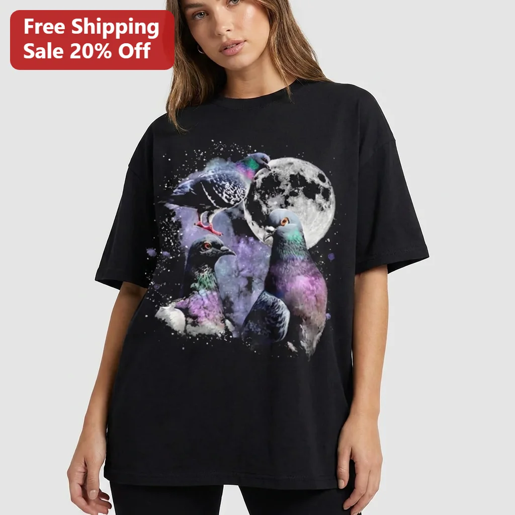 Pigeon Galaxy Moon Graphic Tee, Three Pigeons Full Moon Starry Night Sky Cosmic Bird Art Gift for Bird Lovers