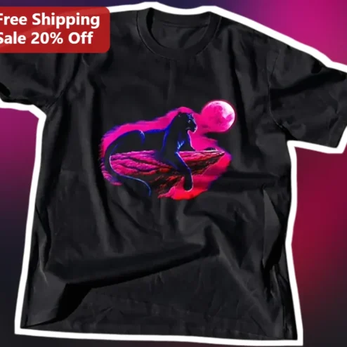 Pink Panther Moon Graphic Tee Vaporwave Synthwave Neon Noir Cat Lover Shirt