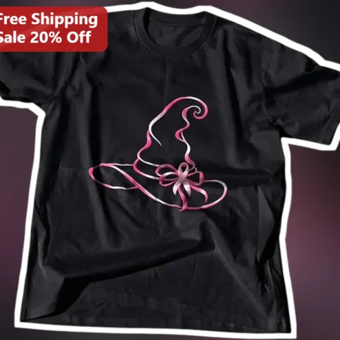 Pink Witch Hat Ribbon Graphic Tee Cute Halloween Line Art Shirt for Women