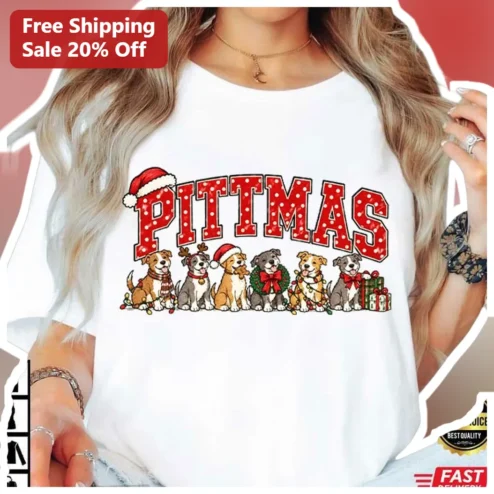 PITTMAS Christmas Pitbull Puppy Graphic Tee for Women Men Holiday Dog Lover Gift