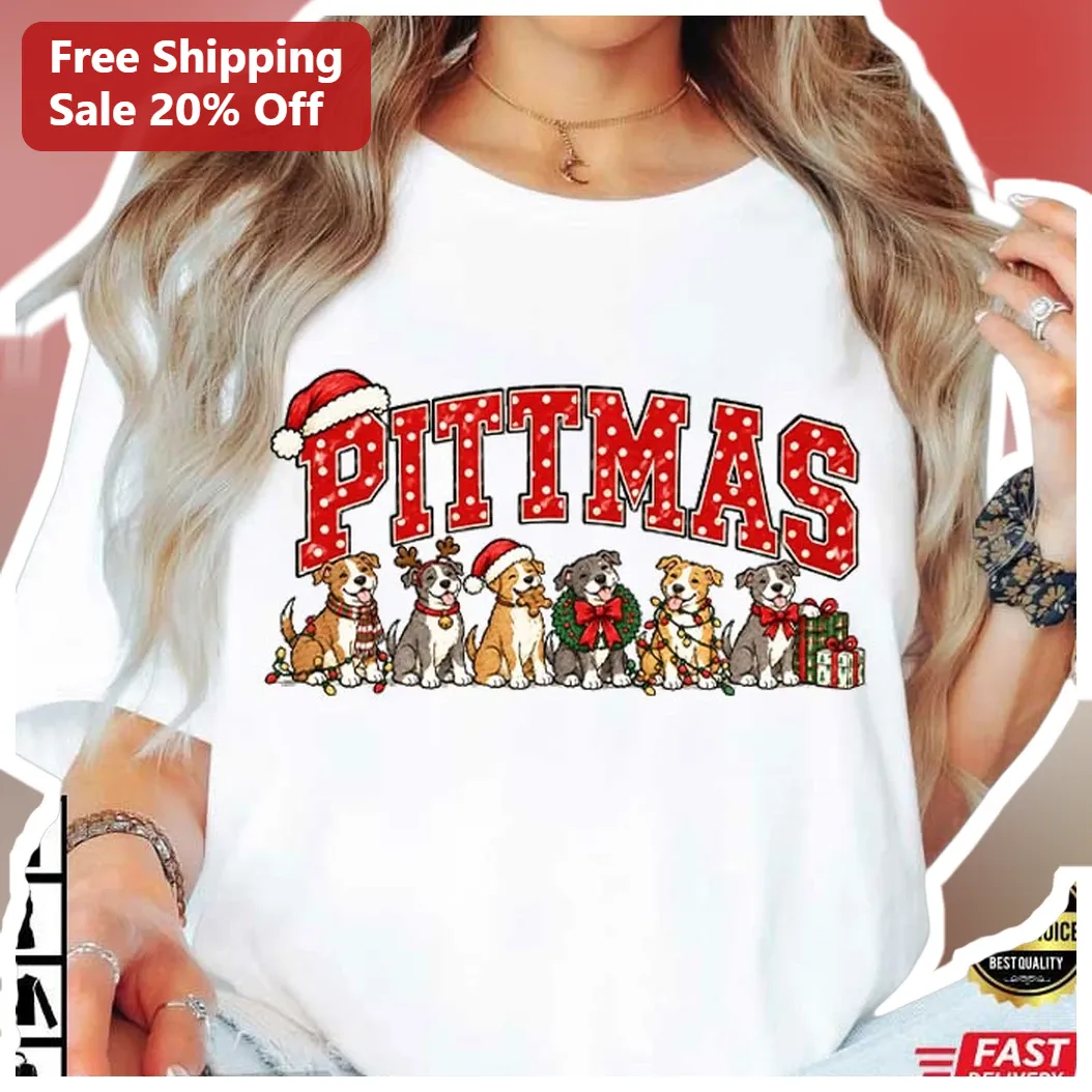 PITTMAS Christmas Pitbull Puppy Graphic Tee for Women Men Holiday Dog Lover Gift