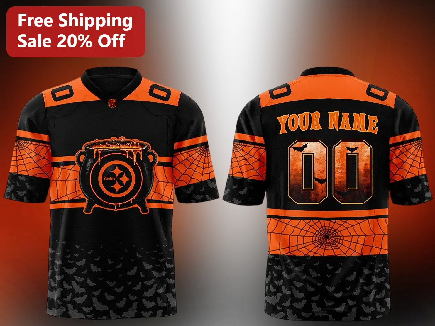 Steelers Halloween Jersey Black Orange Spiderweb Bat Camo Cauldron NFL Fan Gear
