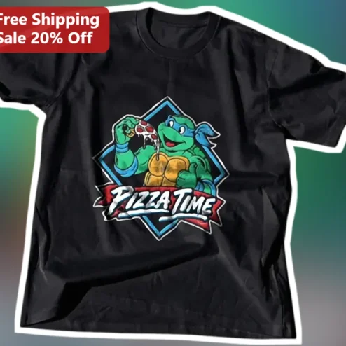 Pizza Time Leonardo Ninja Turtle Graphic Tee Retro Cartoon Gift for Men