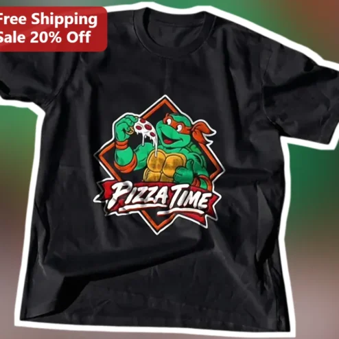 Pizza Time Michelangelo Ninja Turtle Graphic Tee Funny Foodie Gift