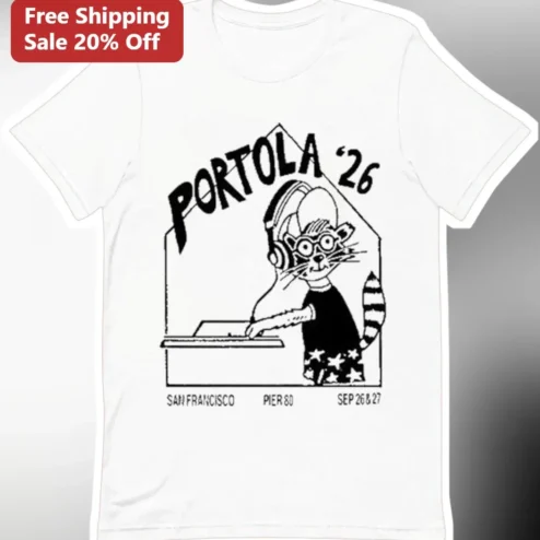 Portola '26 Tee Cat DJ Line Art Graphic T-Shirt for Music Festival Fans