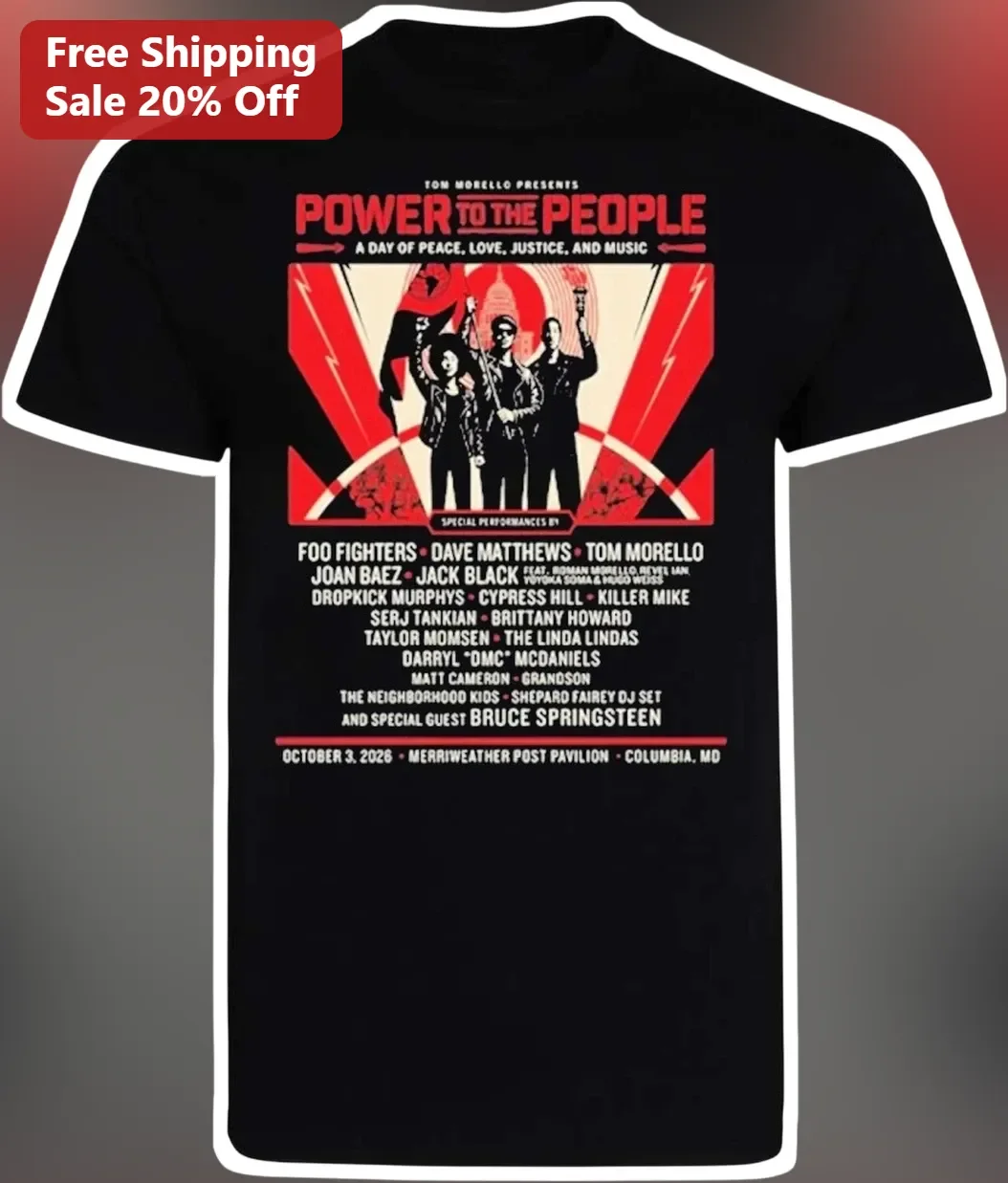 Power to the People Peace Love Justice Music Tom Morello Vintage Rock Concert Graphic Tee