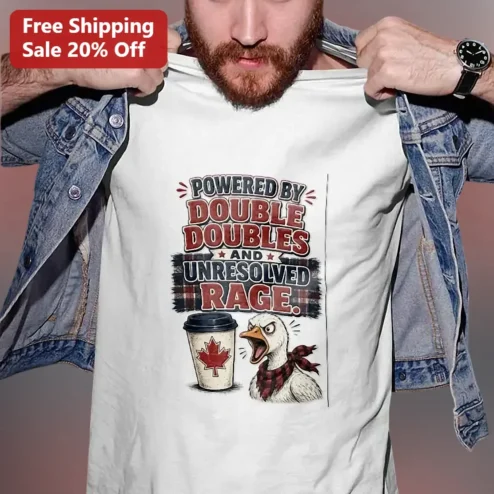 Powered By Double Doubles And Unresolved Rage Funny Canadian Hockey Fan Graphic Tee