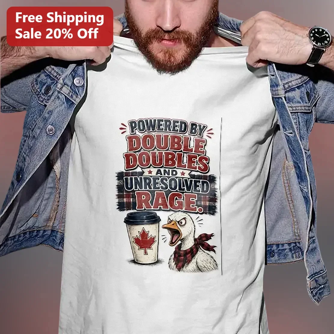Powered By Double Doubles And Unresolved Rage Funny Canadian Hockey Fan Graphic Tee