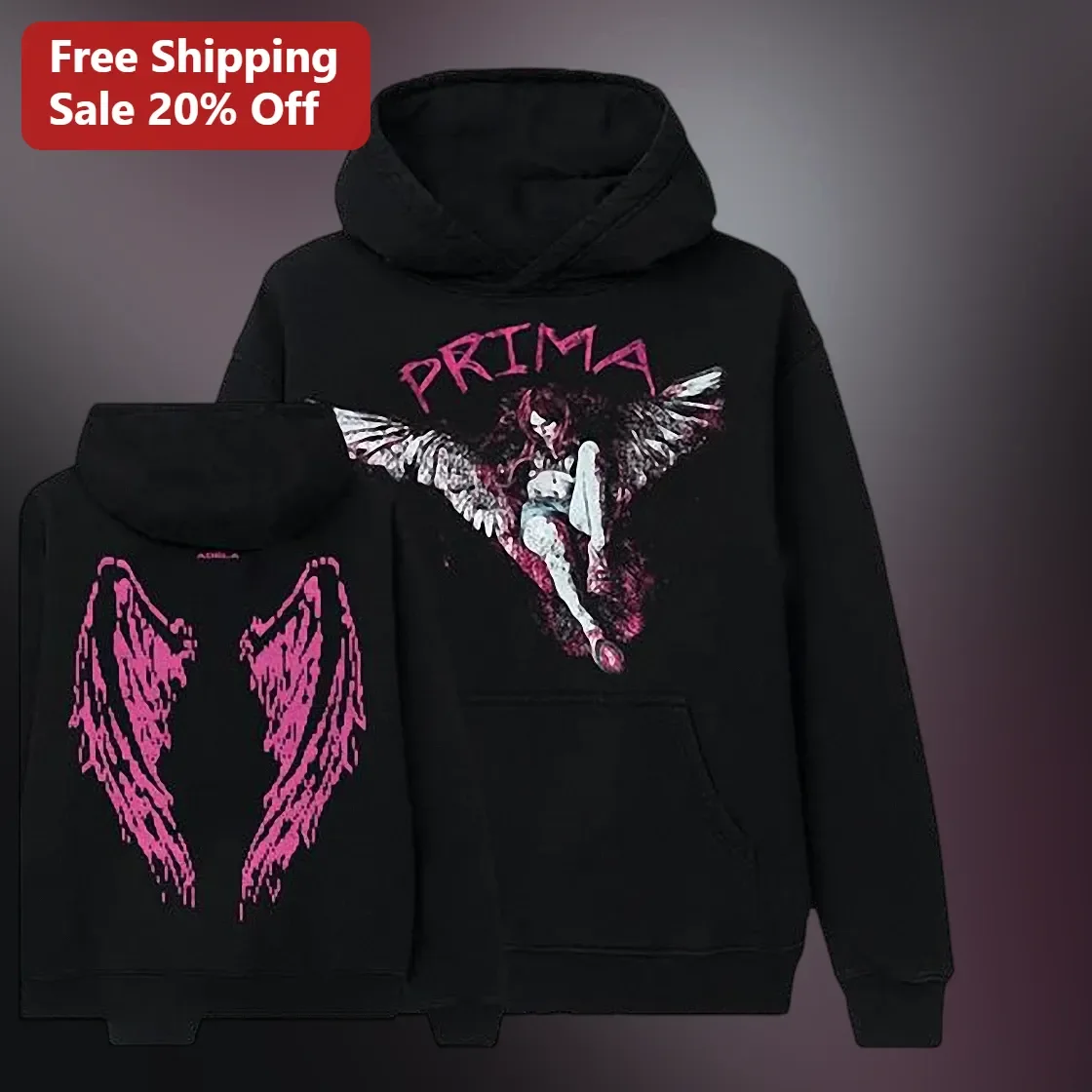 PRIMA Hoodie Angel Wings Balletcore Grunge Streetwear Black Cotton Fleece Pullover