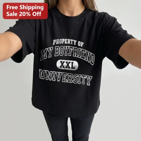 Property of My Boyfriend University Tee, Funny Couples Matching Shirt Gift for Her, Trendy Collegiate Y2K Graphic Tee