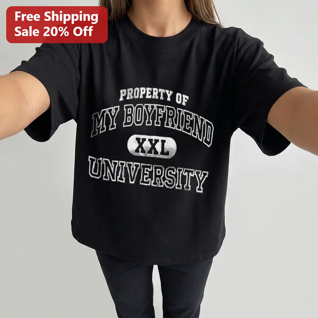 Property of My Boyfriend University Tee, Funny Couples Matching Shirt Gift for Her, Trendy Collegiate Y2K Graphic Tee