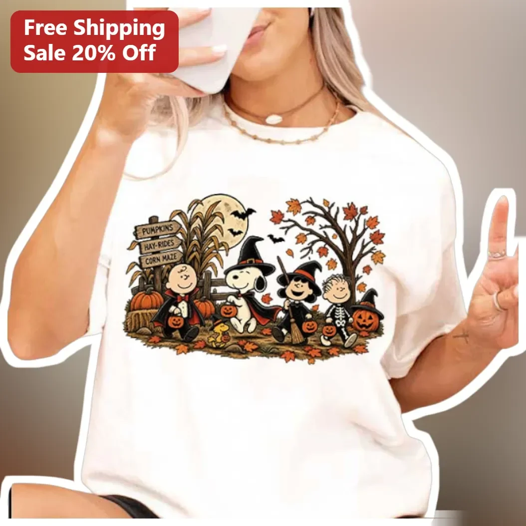 Pumpkins Hay Rides Corn Maze Snoopy Peanuts Gang Halloween Fall Harvest Graphic Tee