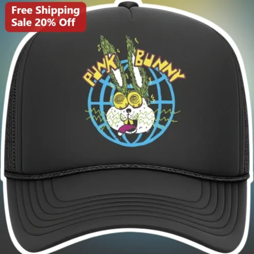Punk Bunny Trucker Hat Psychedelic Stoner Rabbit Design Black Mesh Cap