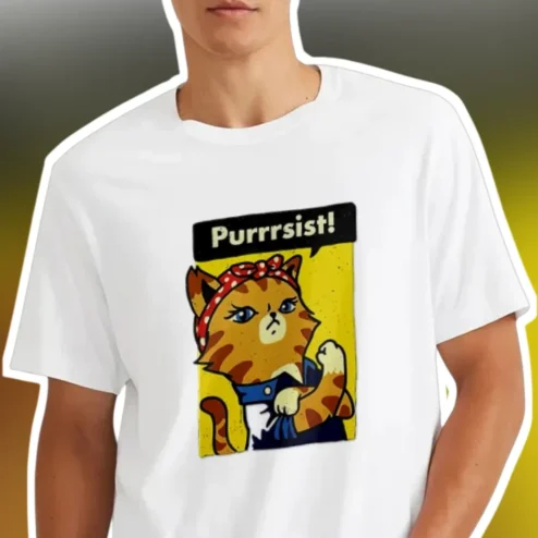 Purrrsist! Cat Graphic Tee for Women Men Funny Rosie Riveter Parody Gift